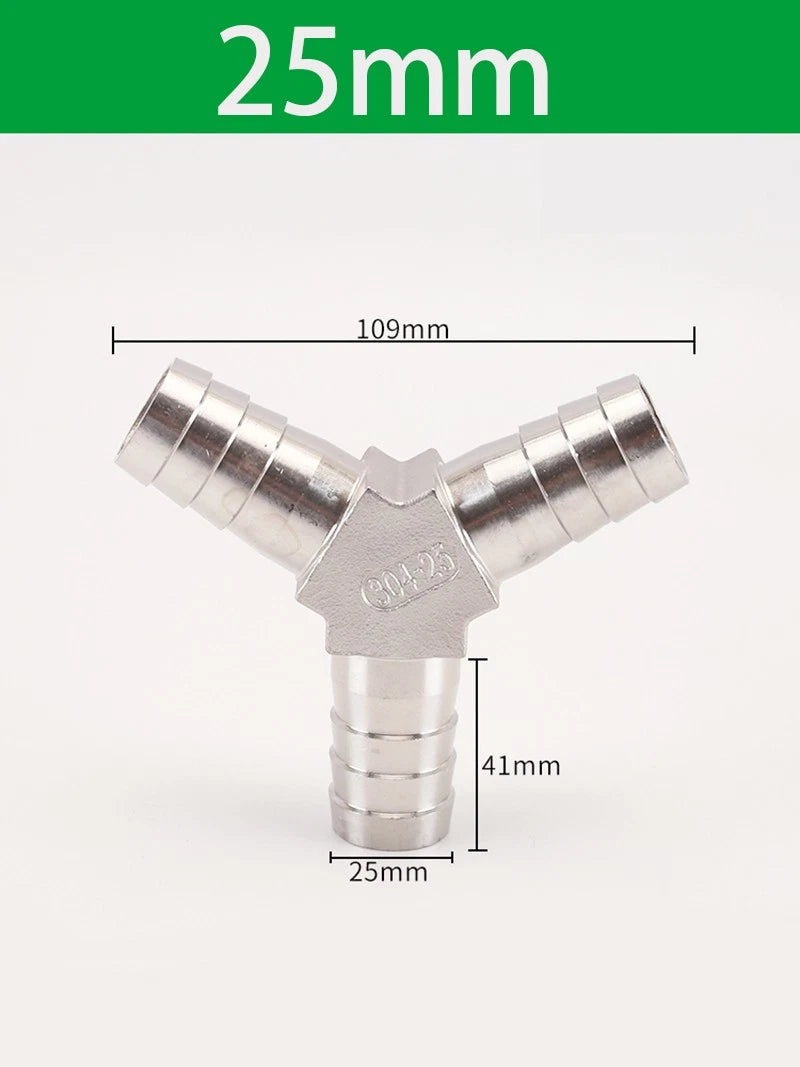 Stainless Steel 3-Way Hose Barbed Connector — T Piece & Y Piece, 8mm–32mm