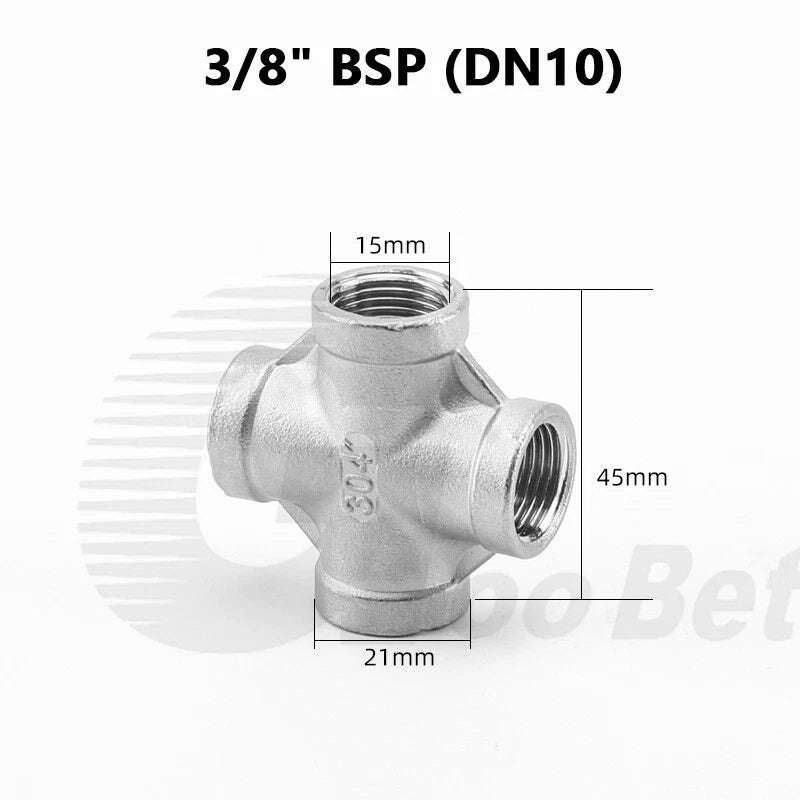 Stainless Steel Cross 4-Way Pipe Fitting | BSP Female Thread | 1/4" to 2"
