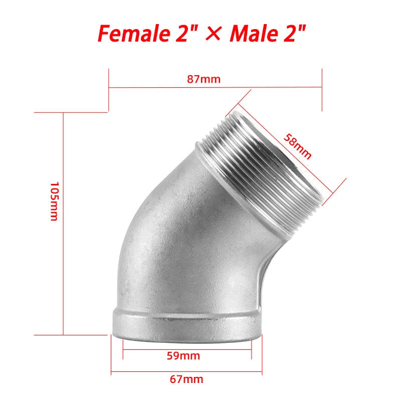 Stainless Steel 304 BSP 45° Elbow Pipe Fitting — Threaded Male × Female & Female × Female