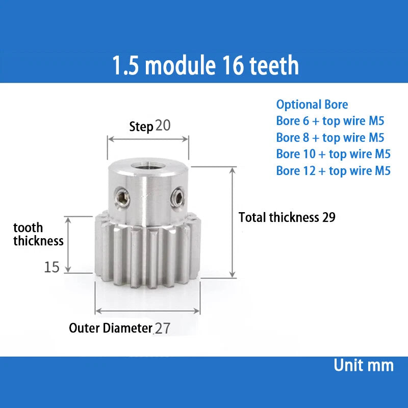 Module 1.5 Spur Gear A2 Steel 12-32 Tooth with Hub Pinion Motor Gear Bore 6-20mm