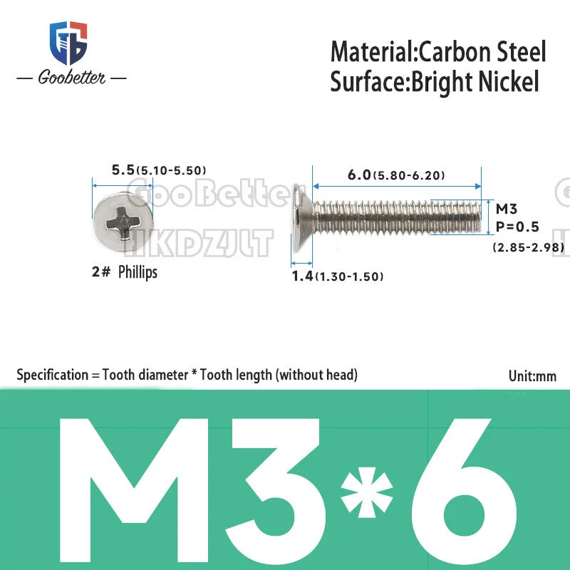 M2 & M3 Countersunk Pozidriv Machine Screws – Carbon Steel, Nickel or Black Zinc (3–22mm Overall Length)