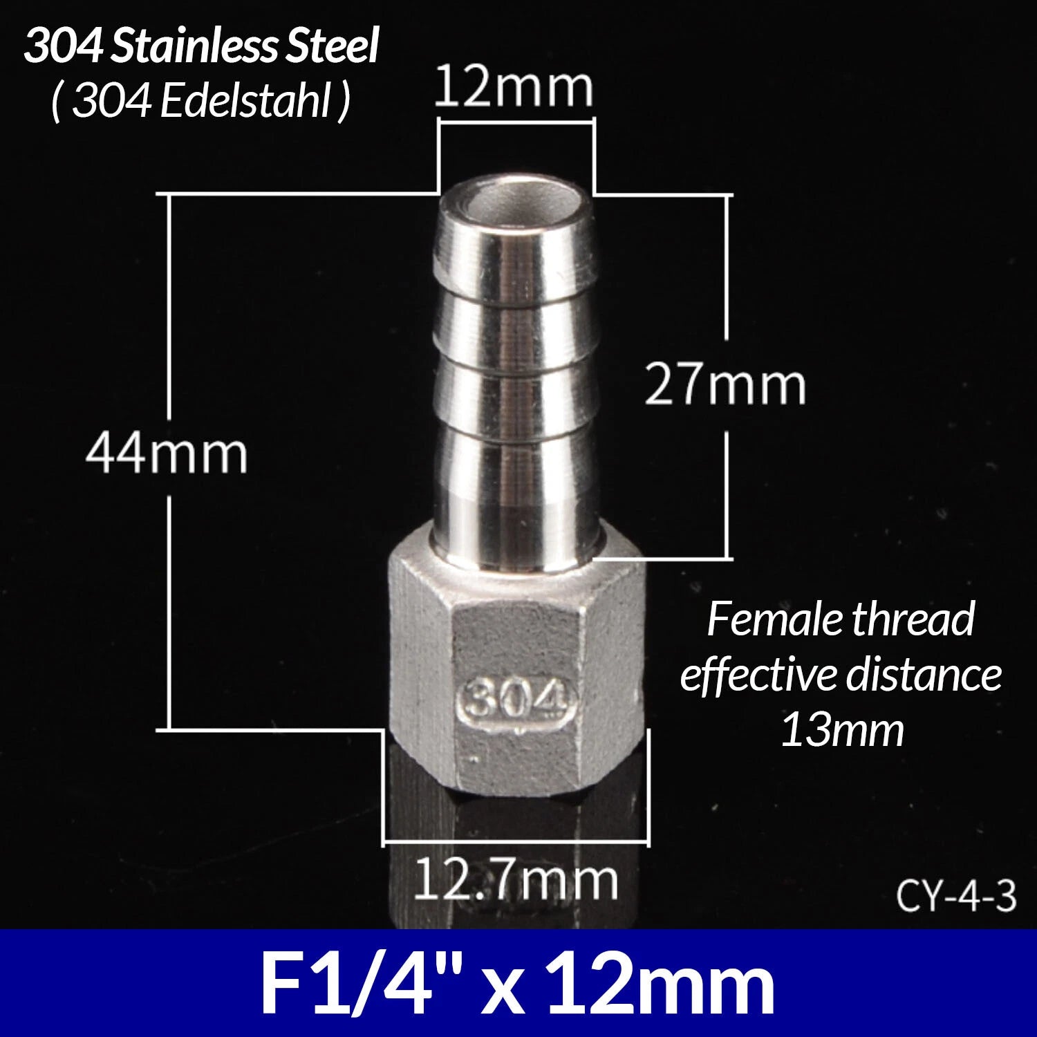 1/4" to 3/4" BSP Stainless Steel Female Fitting x Barb Hose Tail End Connector