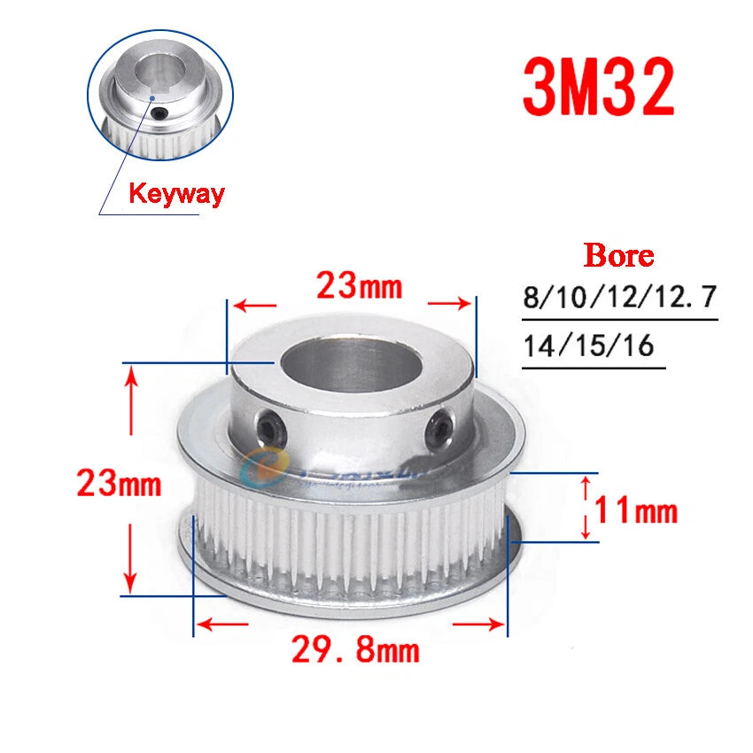 3M 20T-100T Timing Belt Pulley With Step/Keyway, Bore 8-25mm,For 10mm Width Belt