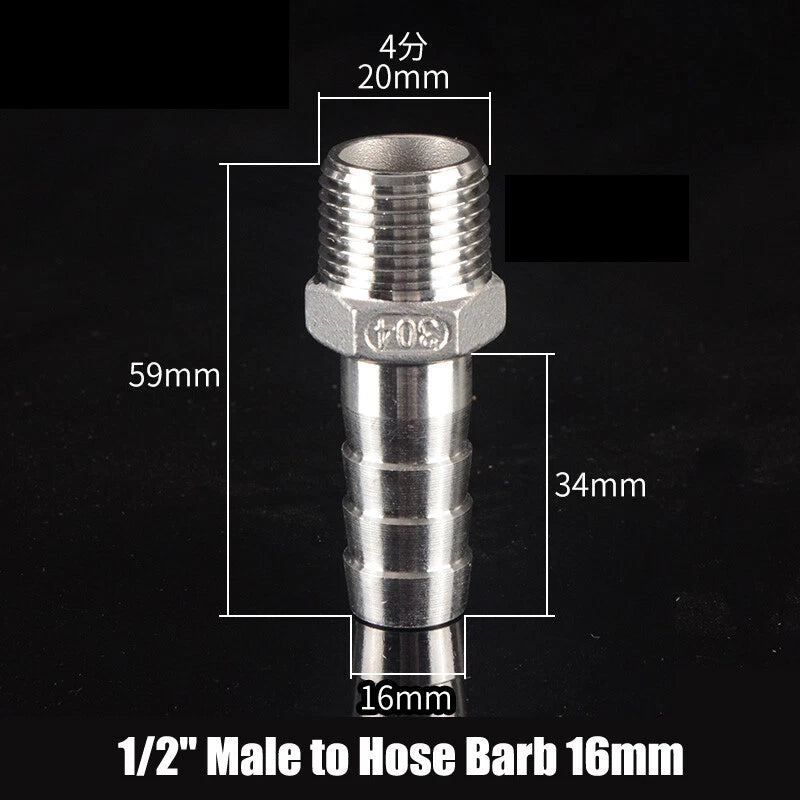 BSP Stainless Steel Male Hose Barb Fitting — 1/2" & 3/4" to Barb Connector