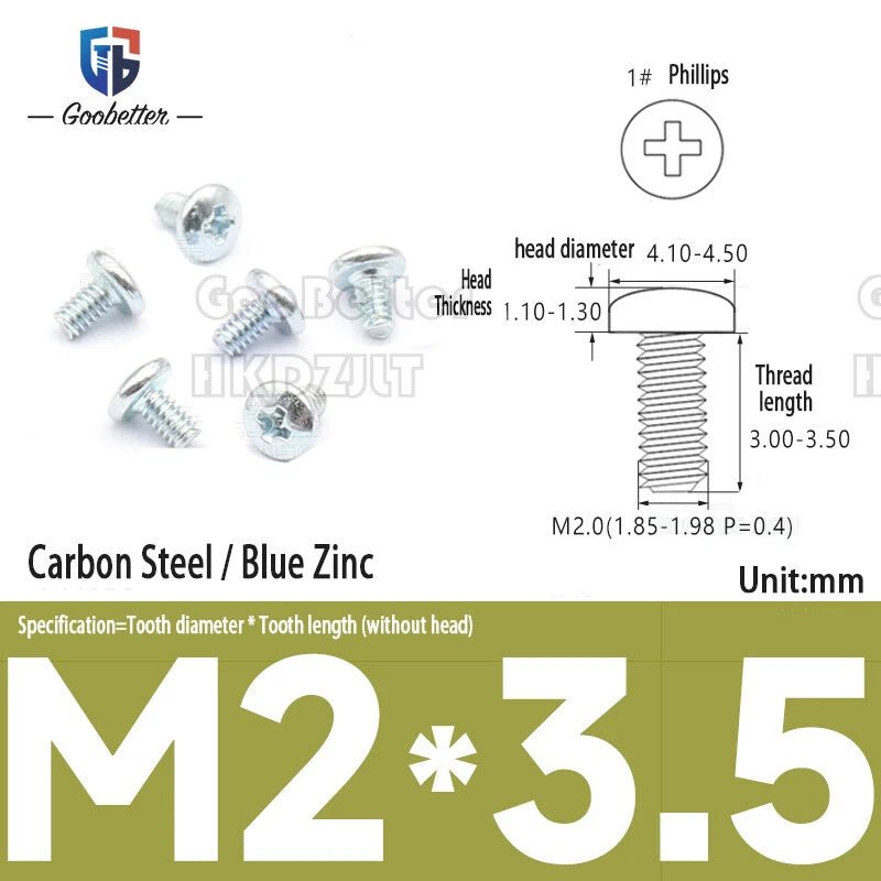 M2 Phillips Pan Head Machine Screws — 3 to 5.5mm, Carbon Steel & Stainless, 11 Finishes - HomeDIYer