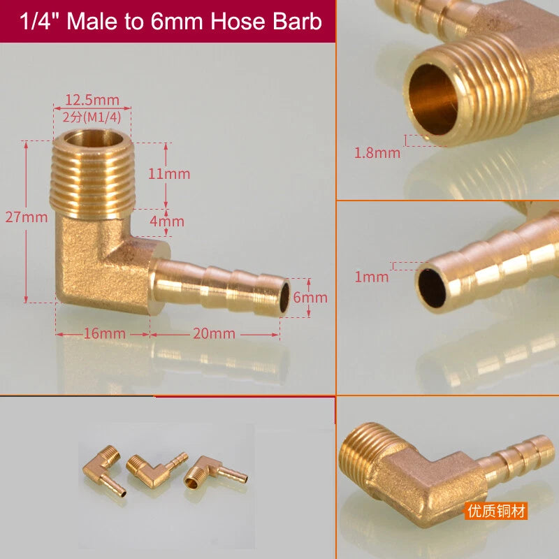 Brass Hose Barb Elbow Fittings — Male BSP to Metric Barb, 1/8" to 3/4" BSP