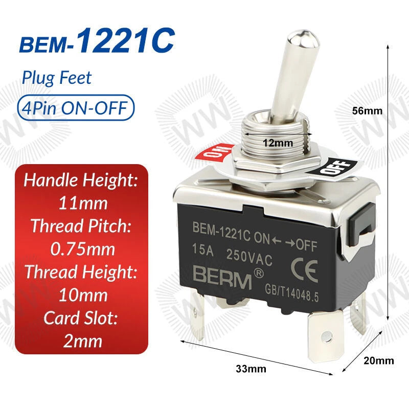 Heavy Duty Metal Toggle Switch – 15A 250VAC, 2/3/4/6 Pin, ON-OFF & ON-OFF-ON