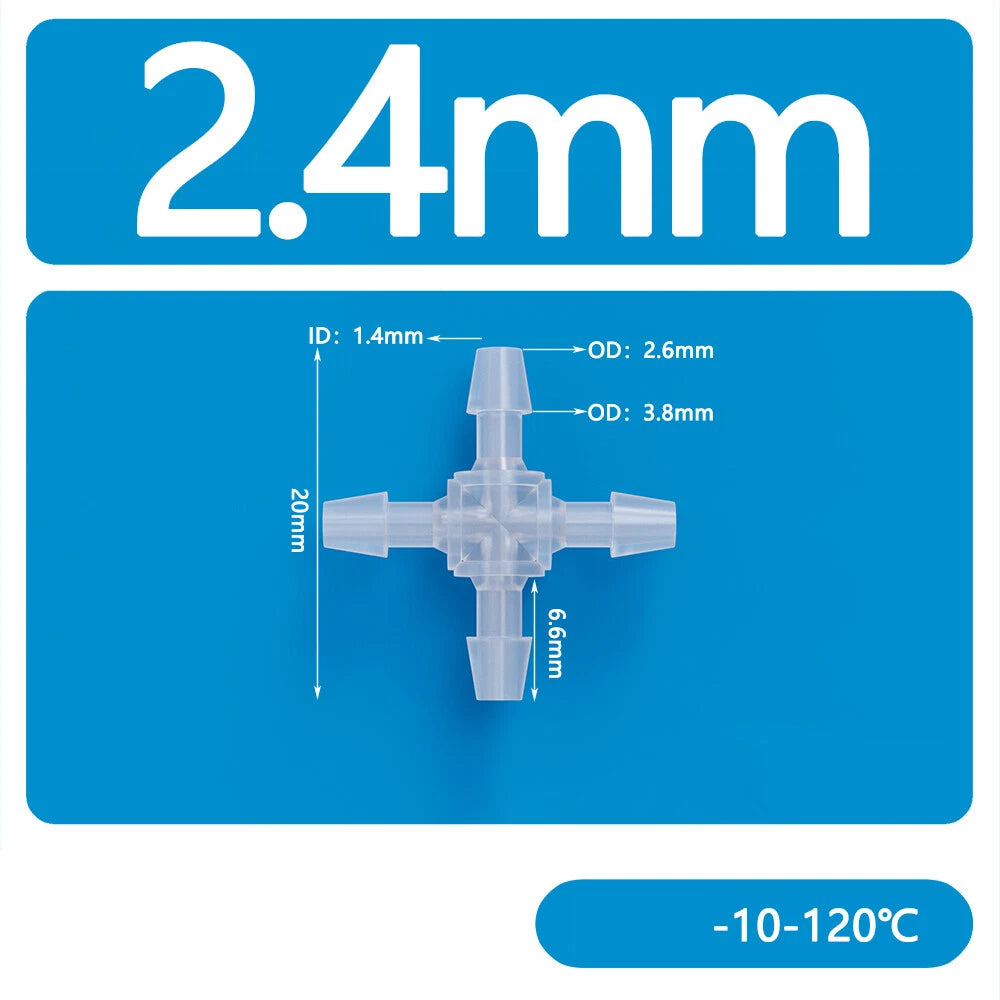 4-Way Plastic Hose Connector — Cross & Slant Equal Joint, OD 2.4mm–12.7mm