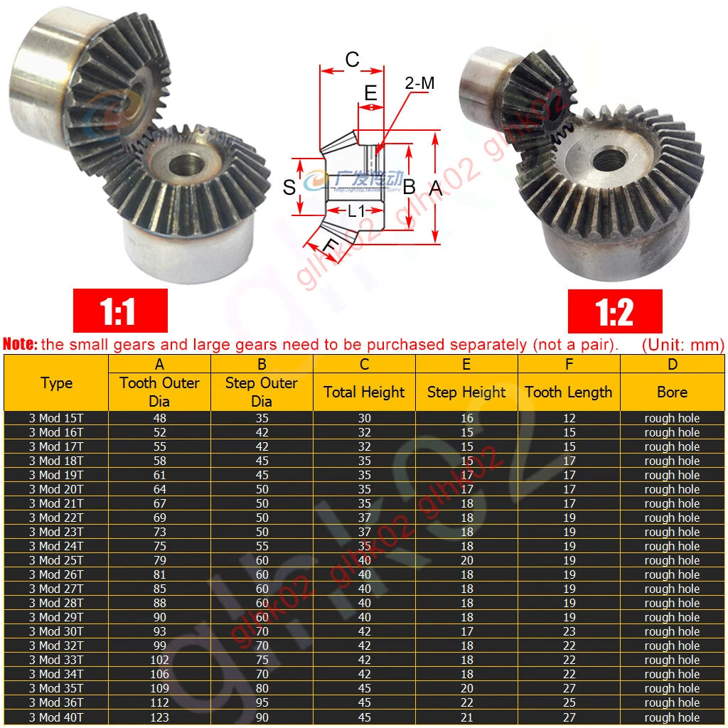 Bevel Gears 1 1.5 2 2.5 3 4 5 Mod 15-40 Teeth 45 Degree Bevels Carbon Steel Hard