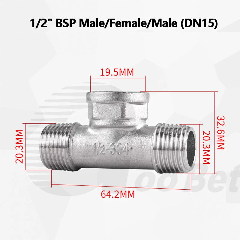 304 Stainless Steel BSP Tee Pipe Fitting — Male & Female Thread, 1/2" to 2"