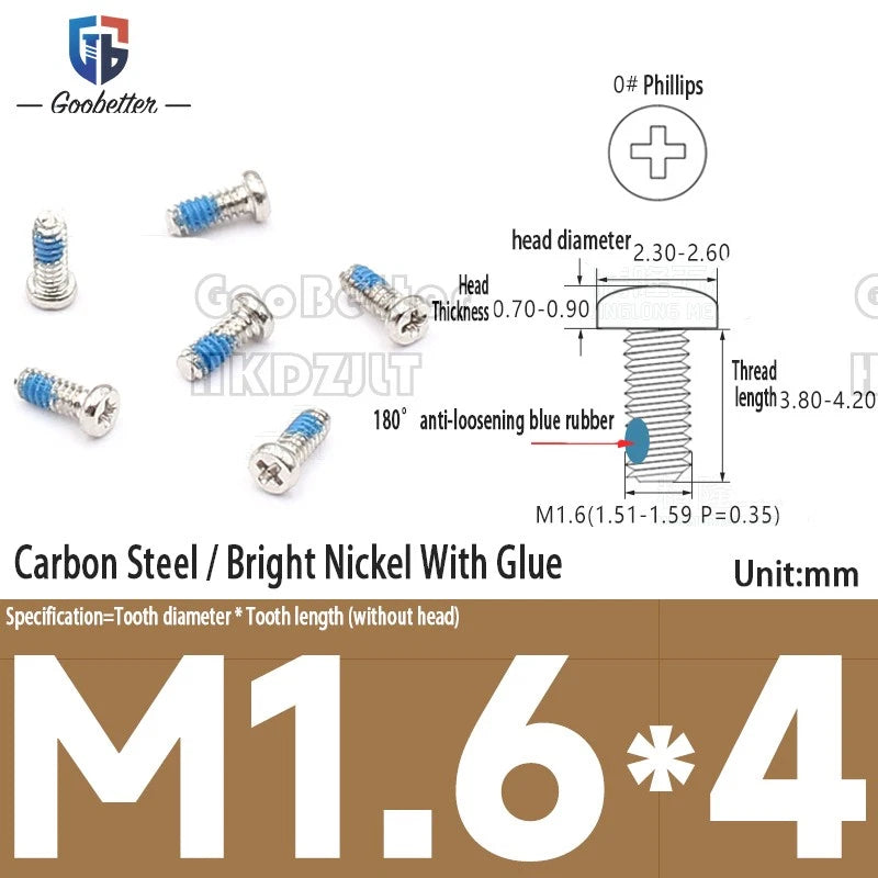 M1.6 & M1.7 Phillips Pan Round Head Machine Screws – Carbon Steel, Brass or Stainless, Lengths 1.5–22mm