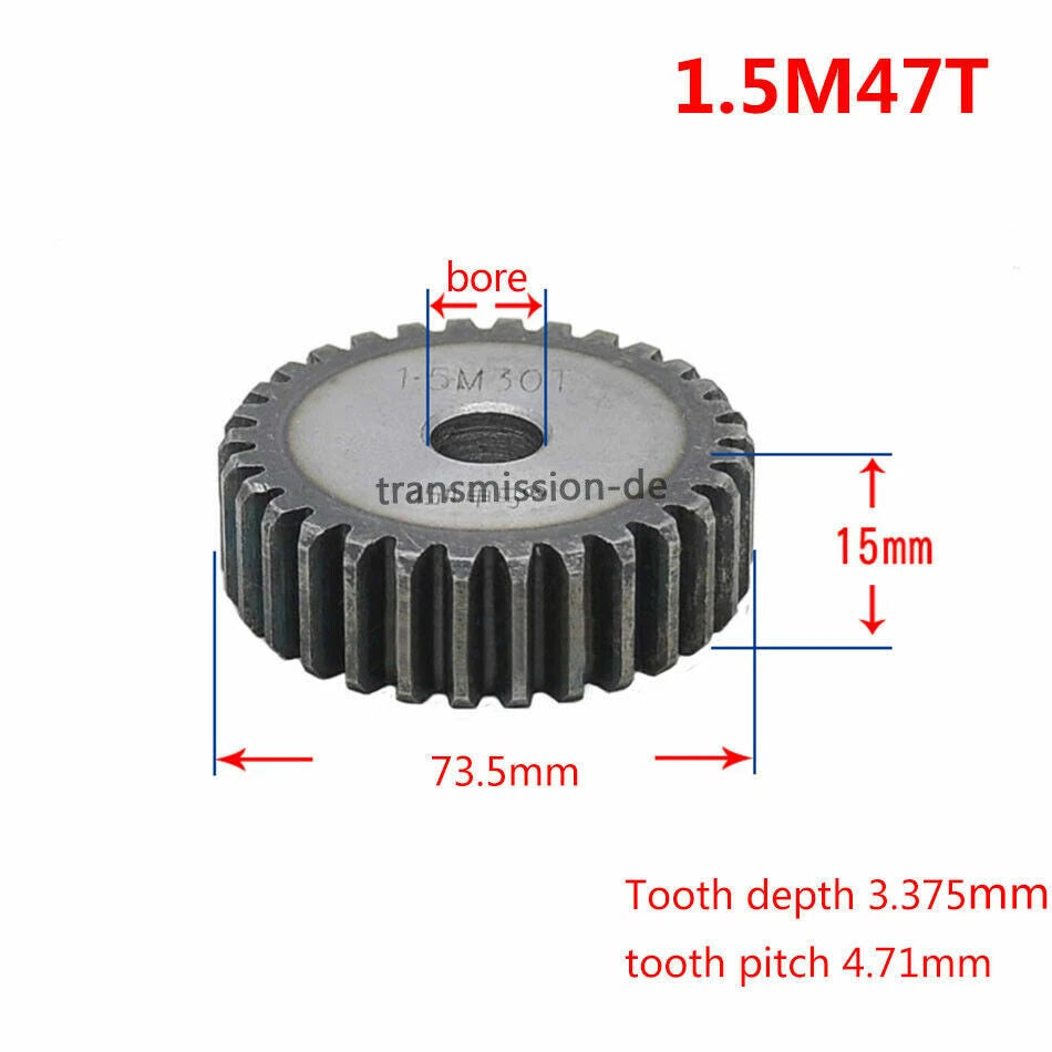 1/1.5 Mod 12T-150T Spur Gear 45# Steel Pinion Gear Thickness 1M-10mm 1.5M-15mm