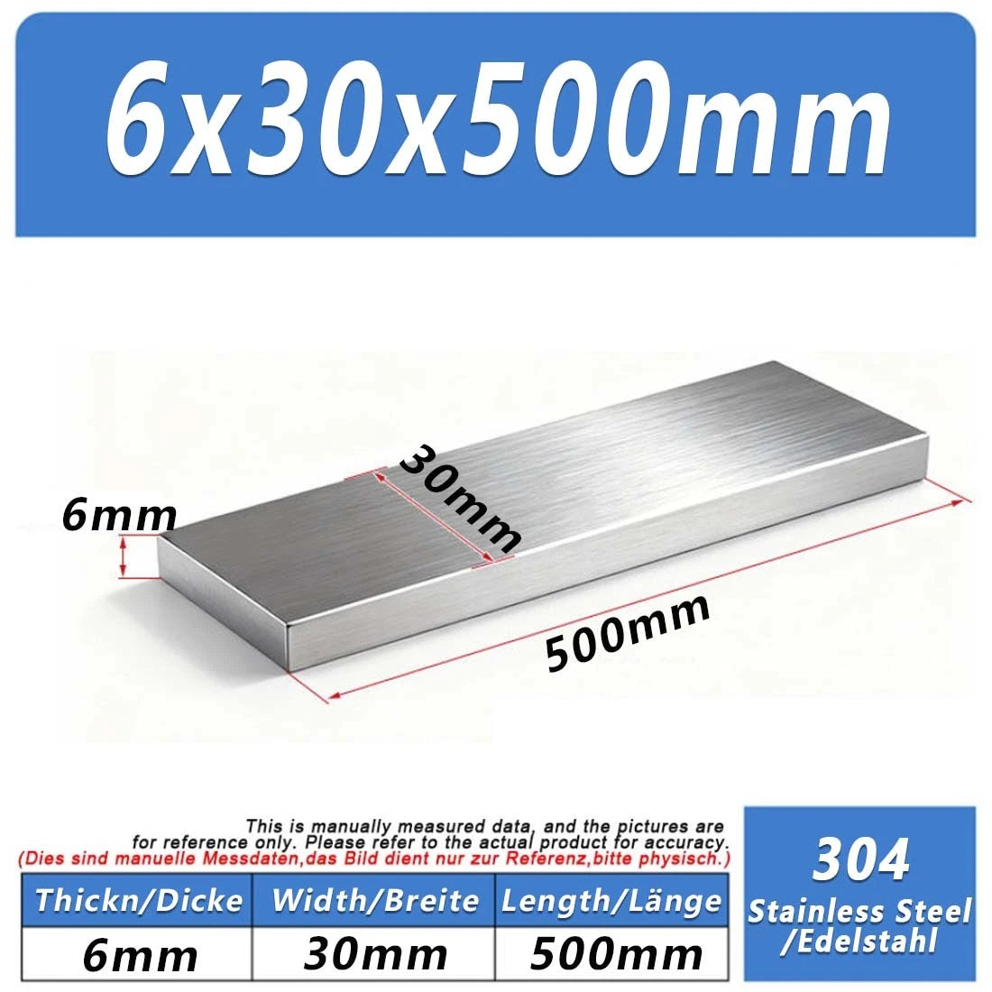 Stainless Steel Flat Bar Plate Grade 304 Various Size & Length 100/200/300/500mm