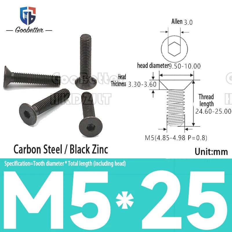 Hex Socket Flat Head Machine Screws M2–M5 — Allen Drive Countersunk, Multiple Finishes, 100 or 200 Pack - HomeDIYer