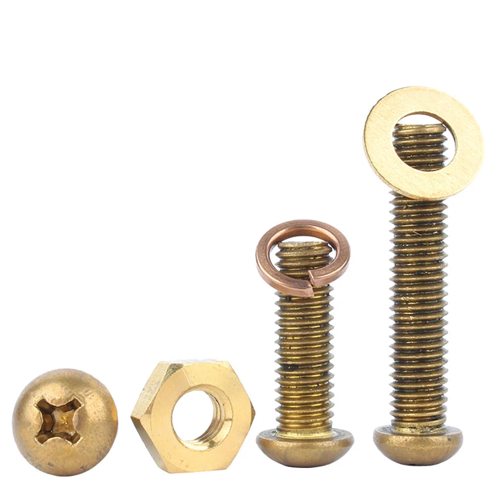Brass Pan Head Phillips Machine Screws with Nuts & Washers M3 M4 M5 M6 M8 — 4mm to 60mm, Packs of 1–50