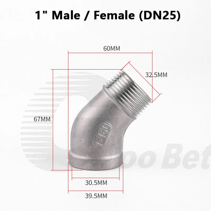 Stainless Steel 45° Elbow Pipe Fitting | 1/4"-2" BSP Male Female Thread | 304 SS Equal Elbow