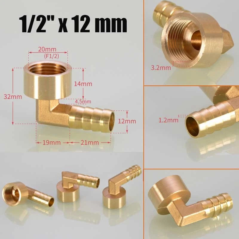 Brass 90° BSP Female Elbow with Barbed Hose Tail — 1/4", 3/8", 1/2" Pipe Fittings