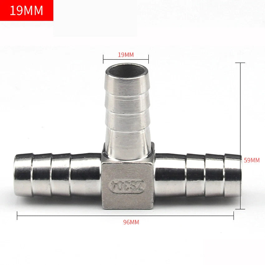 Stainless Steel Barbed T-Piece 3-Way Hose Joiner Connector — Fuel, Air, Water & Oil Lines
