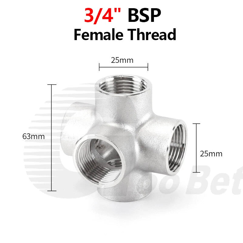 BSP Female 5-Way Pipe Fitting – Stainless Steel Elbow Connector Adapter, 1/4" to 2"