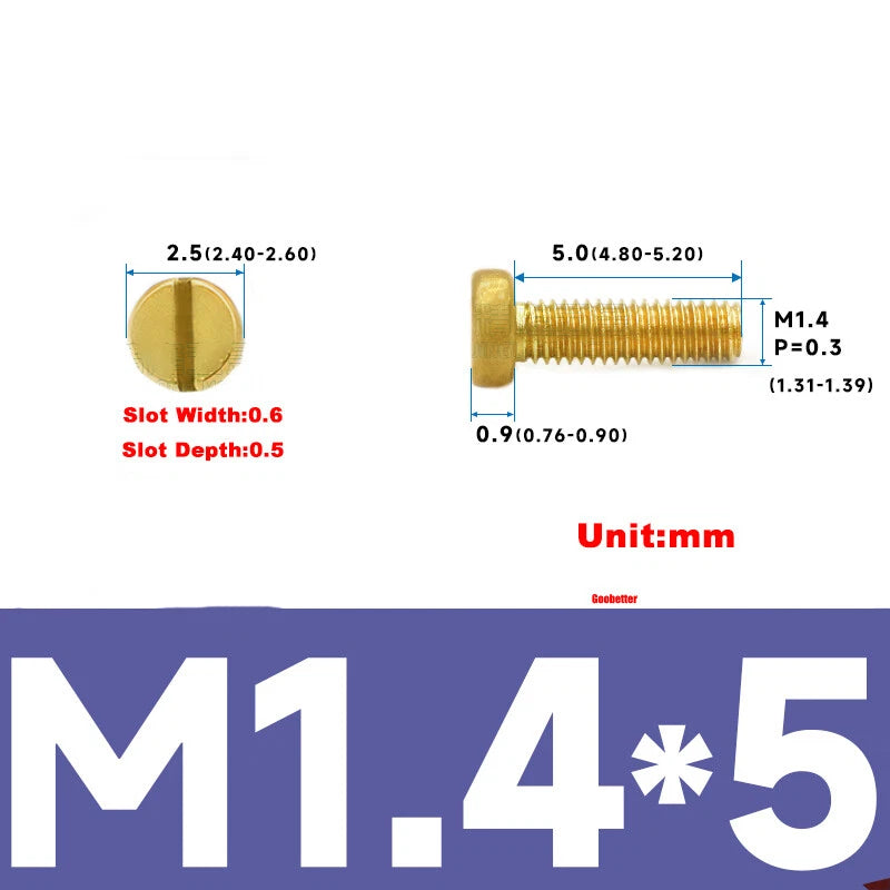 M1–M3 Brass Slotted Pan Head Machine Screws – DIN84, Flathead Drive, 2–10mm Lengths