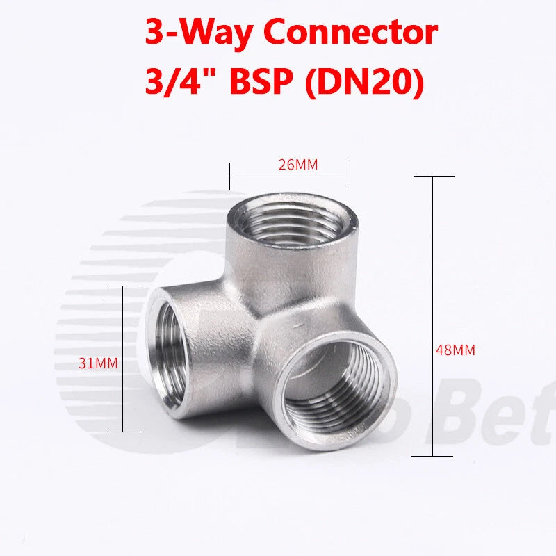 304 Stainless Steel BSP Cross Pipe Fittings — 3-Way & 4-Way, ½" to 1" Thread