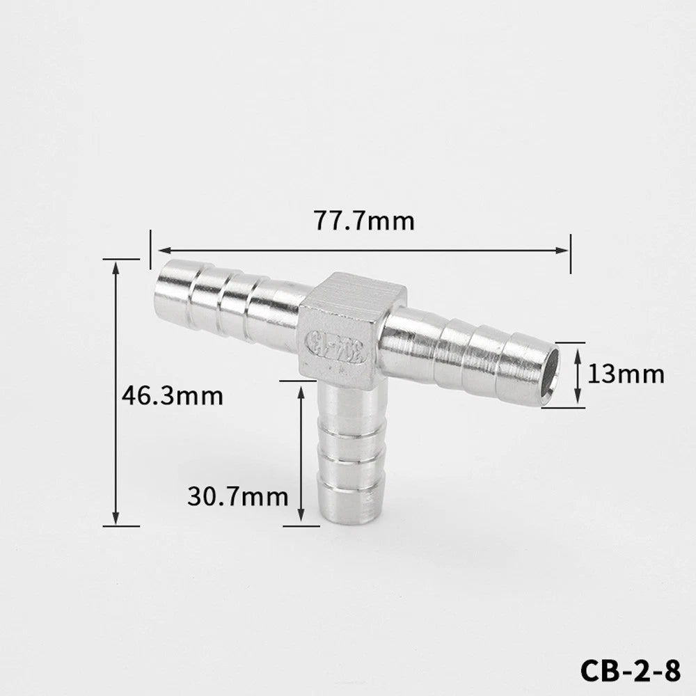 Stainless Steel T Hose Barb Tee Connector — 8mm to 32mm, Water & Gas Pipe Fitting