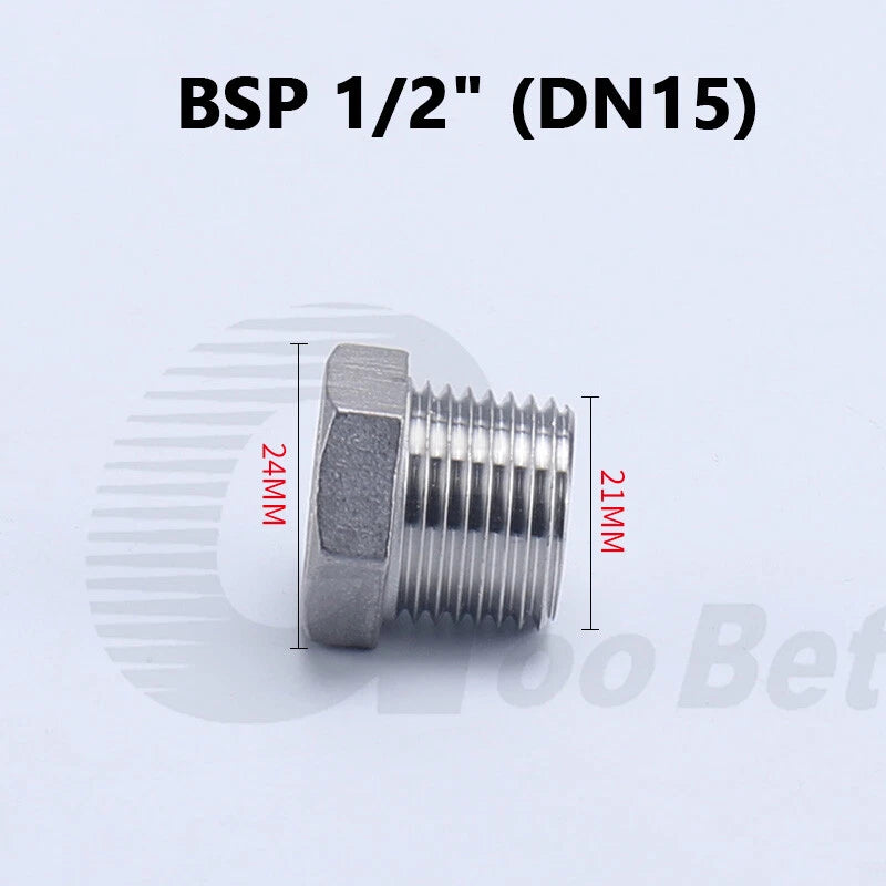 304 Stainless Steel BSP Male Thread Hex Plug — End Stopper Pipe Fitting (1/4" to 2")