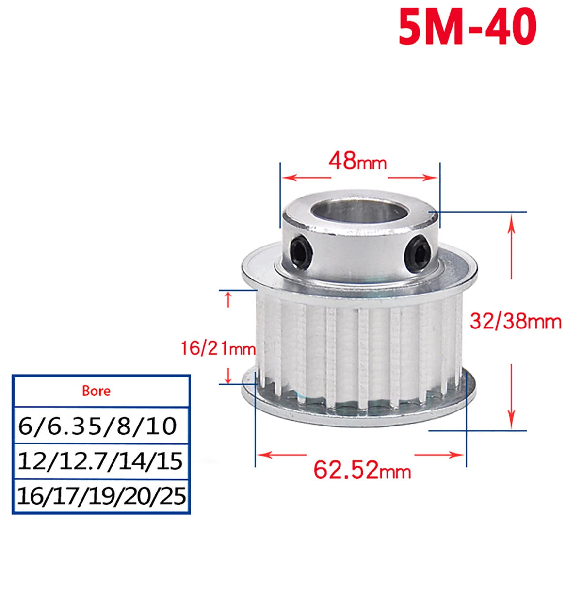 14 - 60 Teeth HTD-5M Timing Belt Pulley Bore 5mm-25mm for Reprap 3D Printer CNC