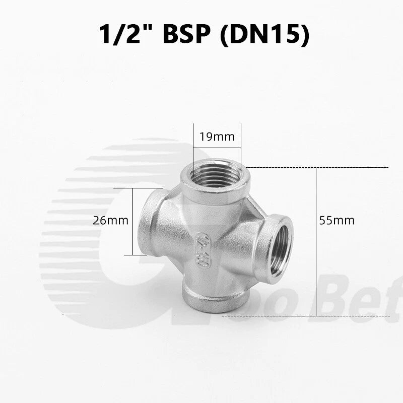 Stainless Steel Cross 4-Way Pipe Fitting | BSP Female Thread | 1/4" to 2"