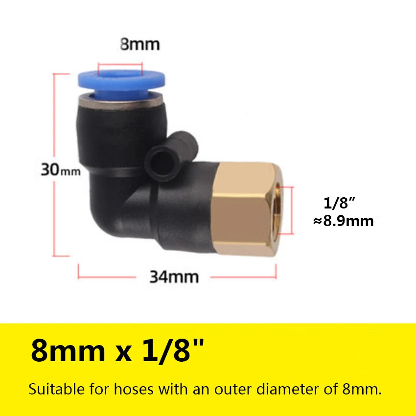 90° Elbow Push-to-Connect Pneumatic Fitting — 4mm to 12mm Hose OD, Female Thread