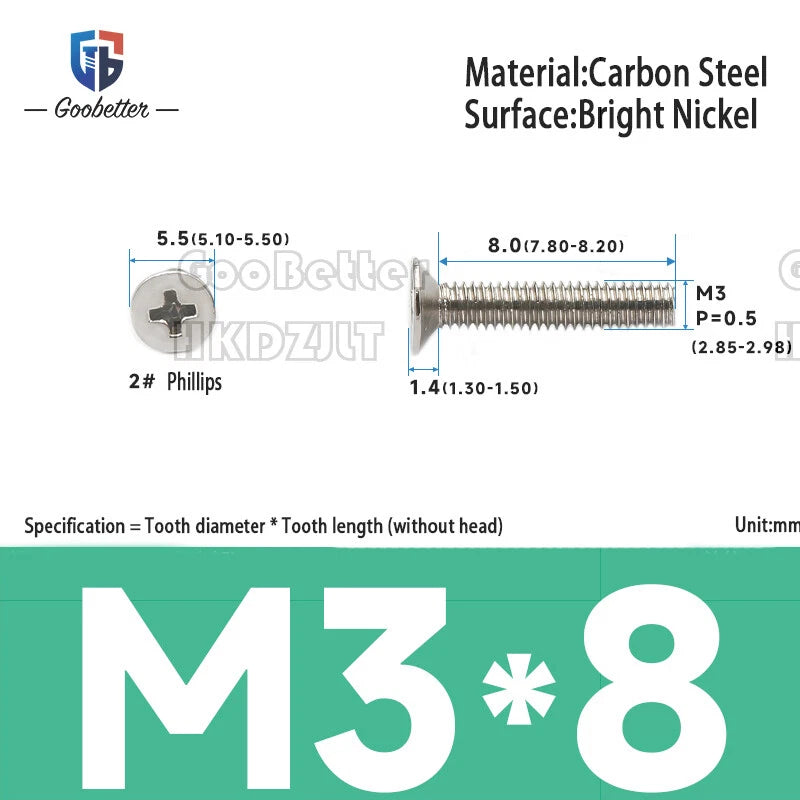 M2 & M3 Countersunk Pozidriv Machine Screws – Carbon Steel, Nickel or Black Zinc (3–22mm Overall Length)