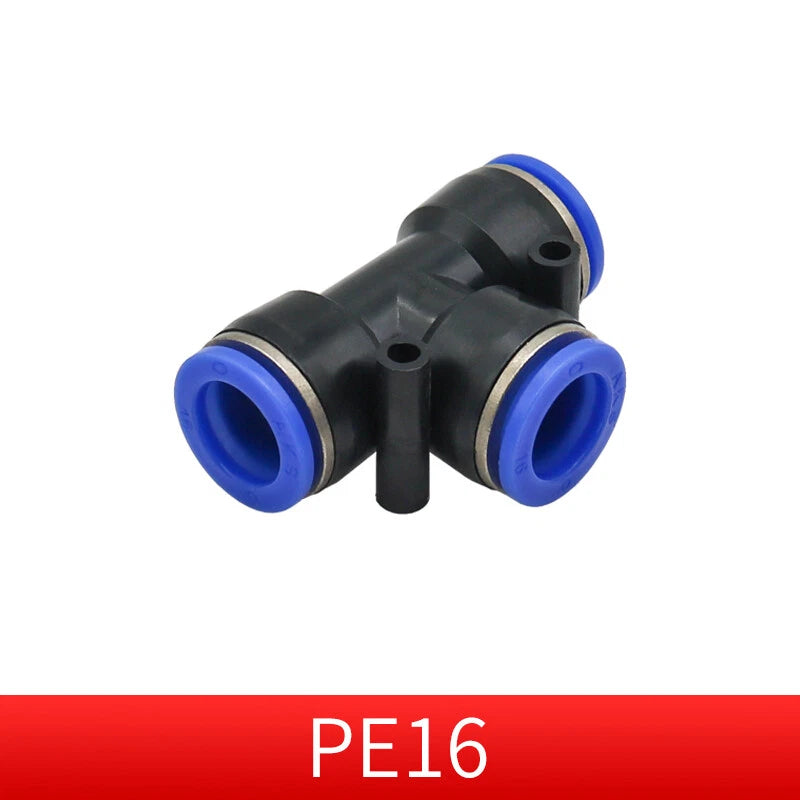 Pneumatic Push-in T-Shape 3-Way Fitting — Air Water Tube Connector PE4–PE16 & Reducing