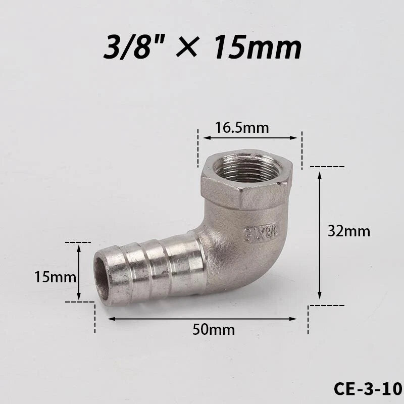 Stainless Steel Female Fitting x Barb Hose Tail End Elbow Connector 1 4" - 11 2"