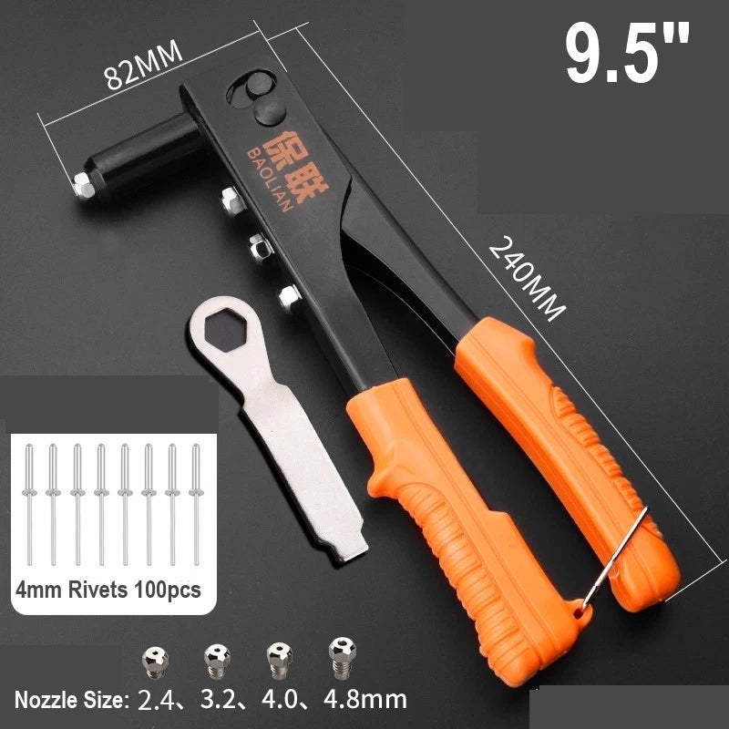 8"-17" Heavy Duty Hand Pop Rivet Gun Tool Kit With Rivets 4 Nozzle Head Wrench