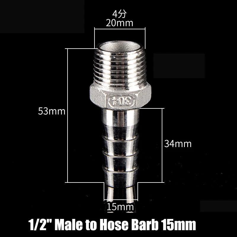 BSP Stainless Steel Male Hose Barb Fitting — 1/2" & 3/4" to Barb Connector