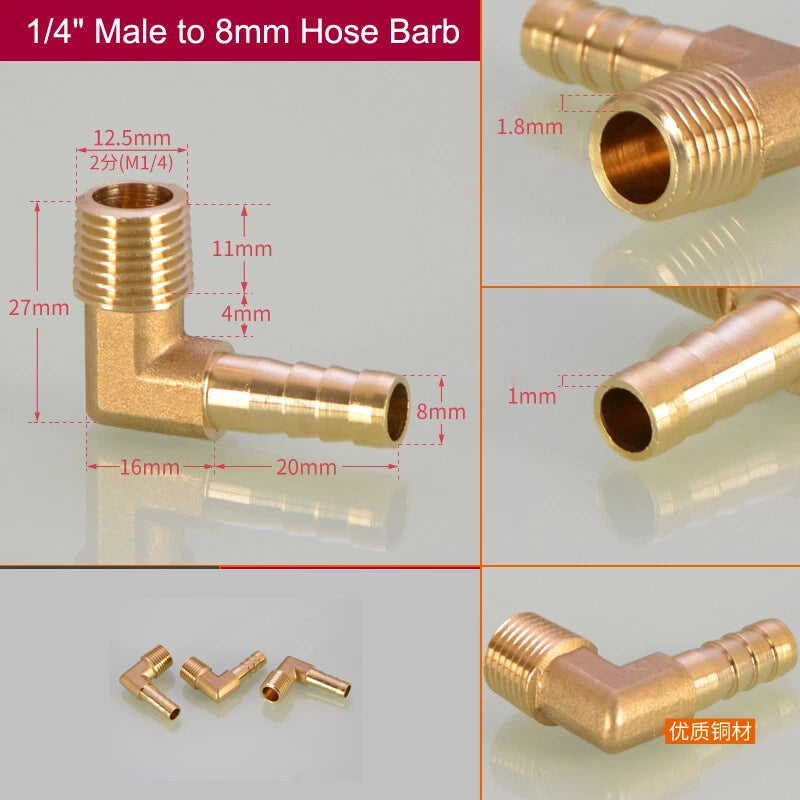 Brass Hose Barb Elbow Fittings — Male BSP to Metric Barb, 1/8" to 3/4" BSP