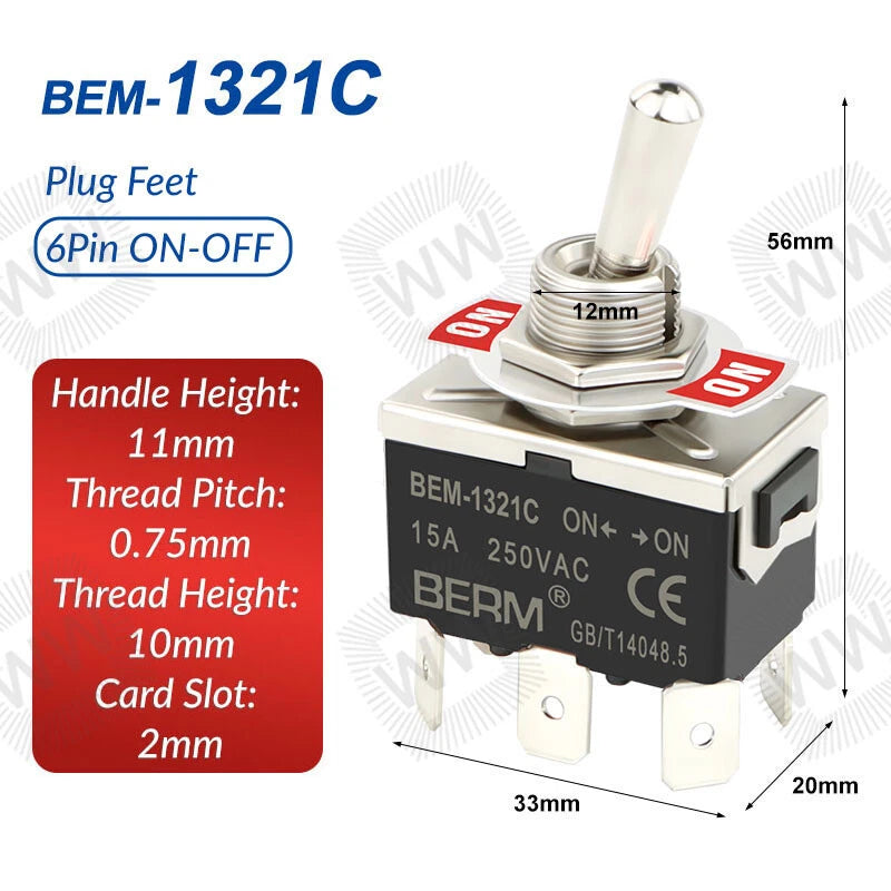 Heavy Duty Metal Toggle Switch – 15A 250VAC, 2/3/4/6 Pin, ON-OFF & ON-OFF-ON