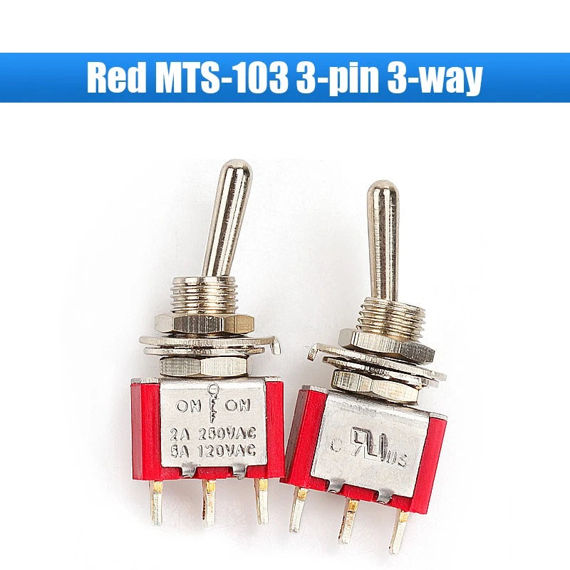 Mini Toggle Switch MTS/PS Series — Red & Blue SPDT 3/6/9/12-Pin, 2-Way & 3-Way