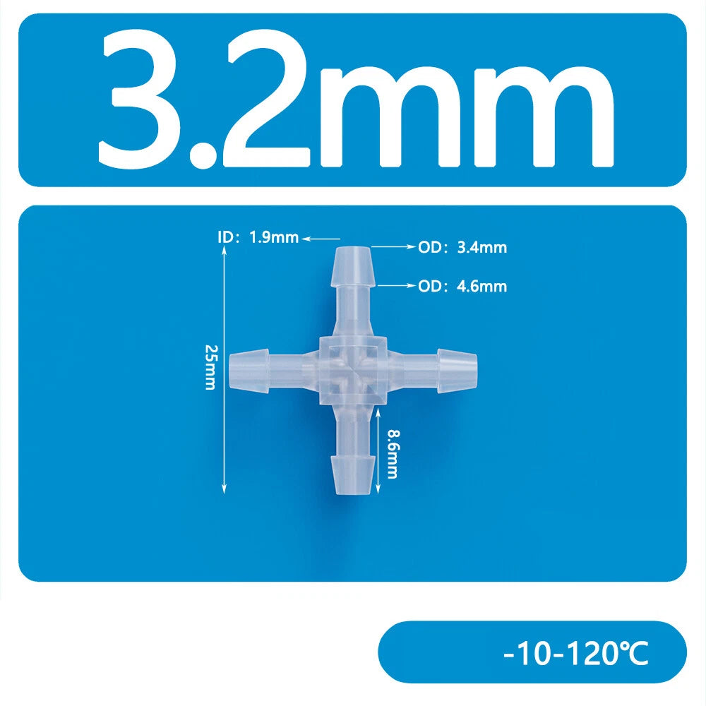 4-Way Plastic Hose Connector — Cross & Slant Equal Joint, OD 2.4mm–12.7mm