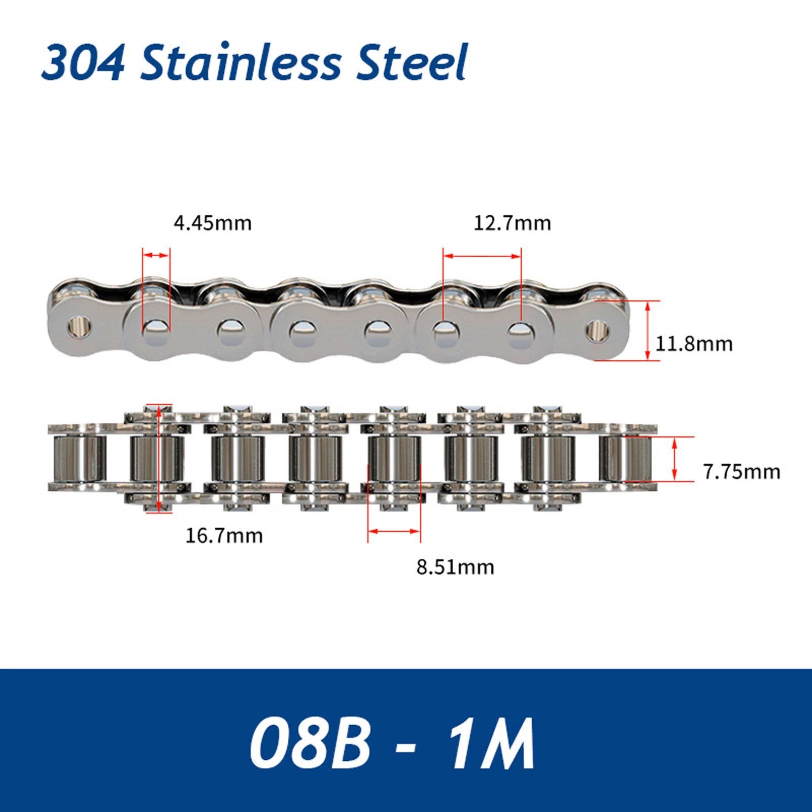 304/201 Stainless Steel Simplex Roller Chain Standard Quality 1M/1.524M All Size