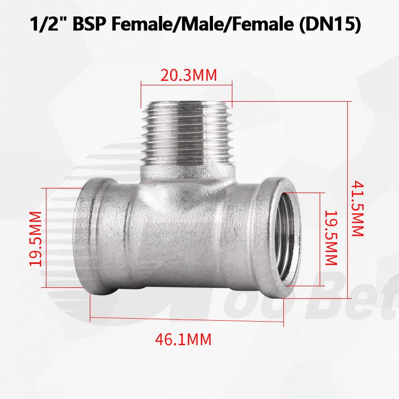 304 Stainless Steel BSP Tee Pipe Fitting — Male & Female Thread, 1/2" to 2"