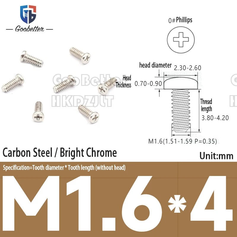 M1.6 & M1.7 Phillips Pan Round Head Machine Screws – Carbon Steel, Brass or Stainless, Lengths 1.5–22mm