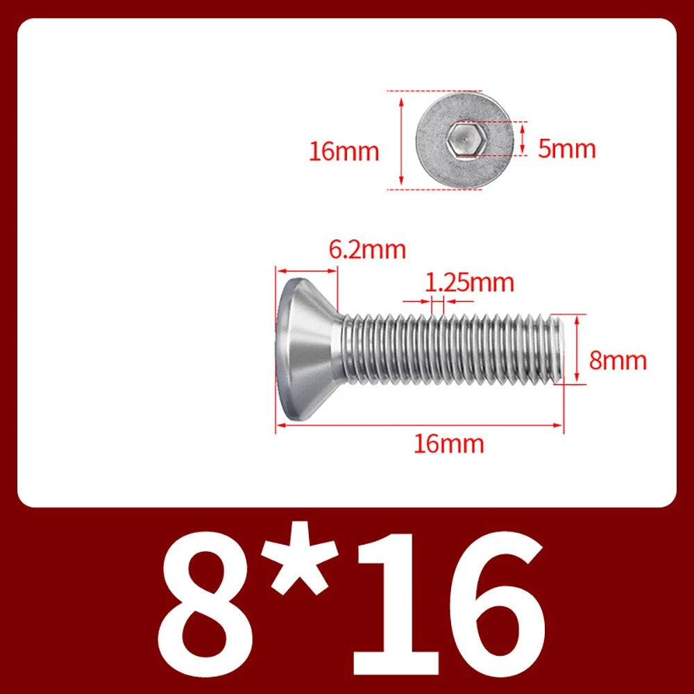 M8 M10 Countersunk Socket Head Screws – 304 Stainless Steel A2, Fully Threaded, 10–150mm