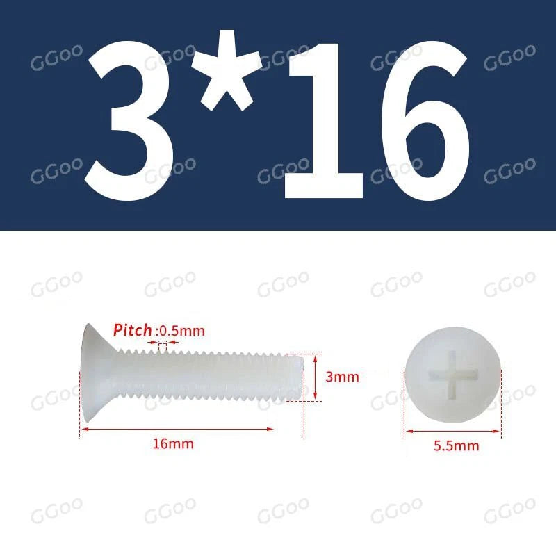 White Nylon Phillips Flat Head Machine Screws DIN 965 — M2.5 M3 M4 M5 M6 M8