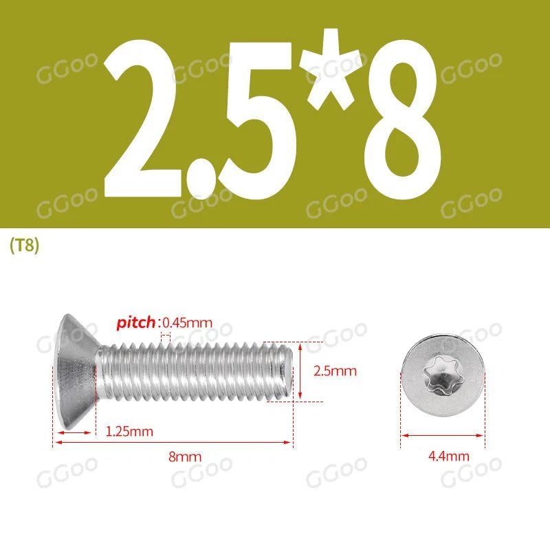 A2 Stainless Steel Torx Countersunk Flat Head Machine Screws M2 M2.5 M3 M4 M5 M6 M8 DIN 965 — 4mm to 60mm