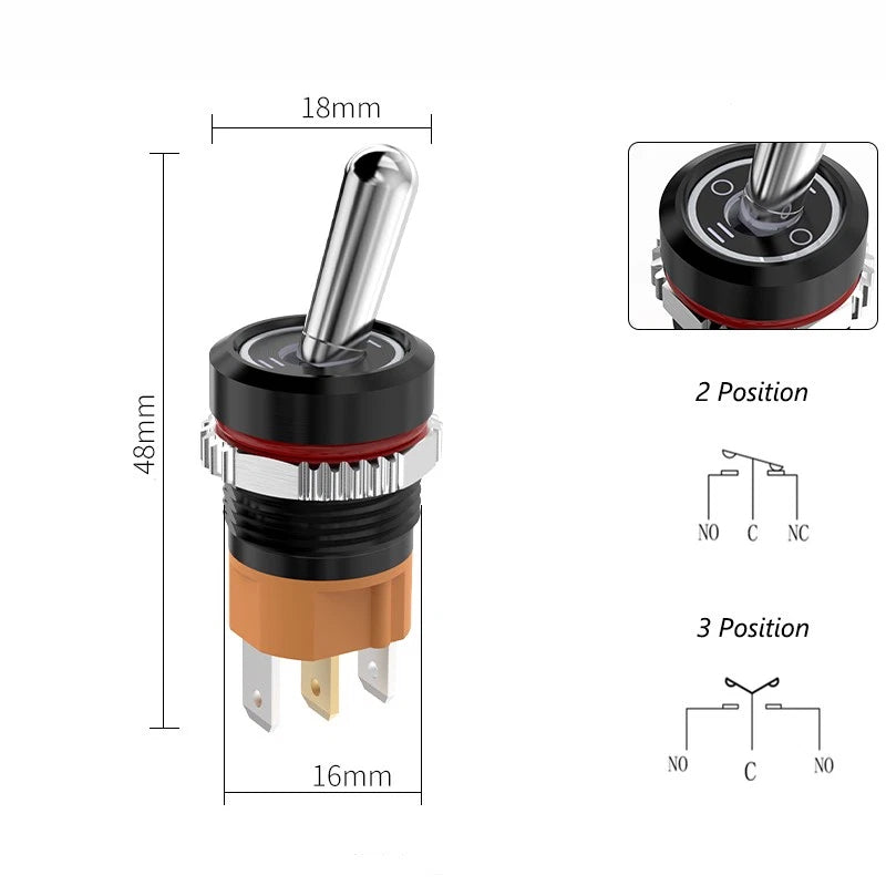 16mm LED Toggle Switch ON/OFF 2/3 Position Chrome Brass Black Oxide 20A 250VAC Waterproof
