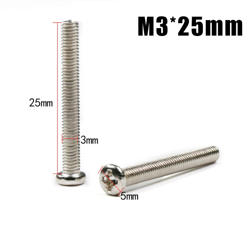 M3 Phillips Round Head Machine Screws – Small Bolts, Nickel Plated (5mm–30mm Lengths)