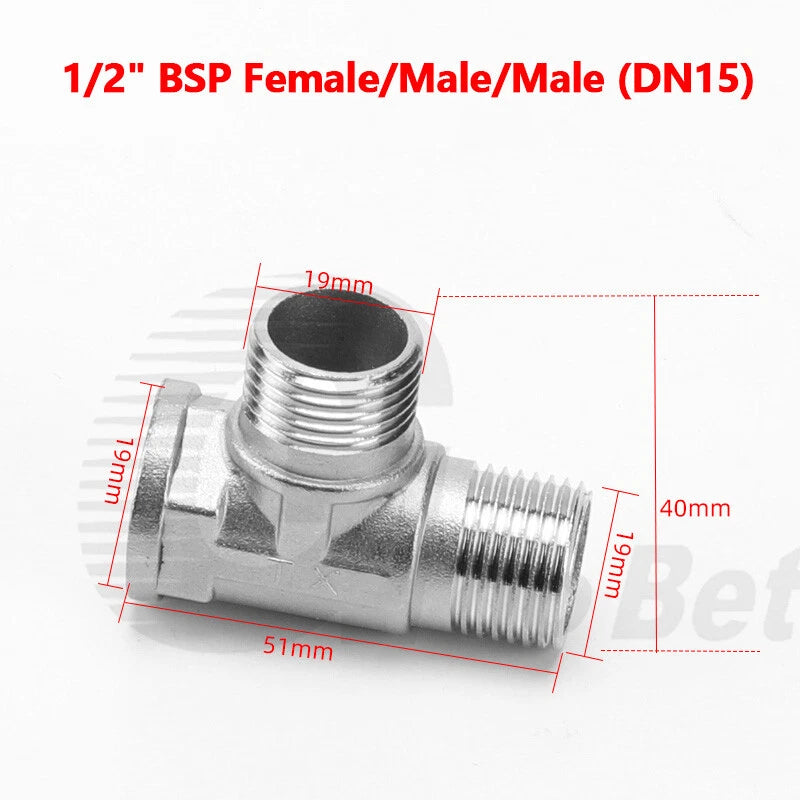 Stainless Steel Equal Tee BSP Pipe Fitting | 1/2" 3/4" 1" Female & Male Thread