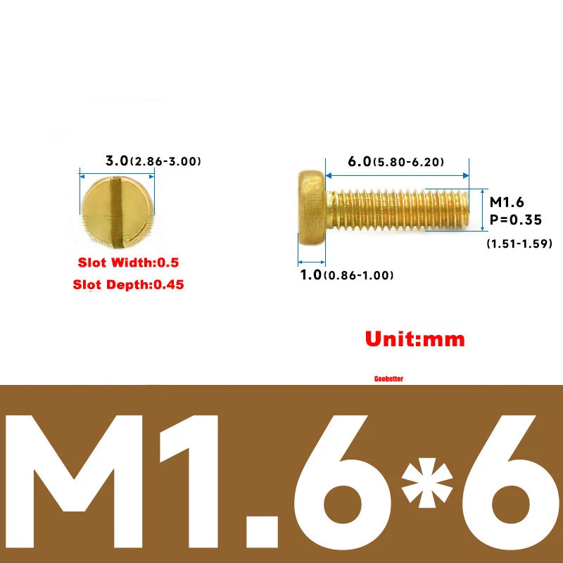 M1–M3 Brass Slotted Pan Head Machine Screws – DIN84, Flathead Drive, 2–10mm Lengths