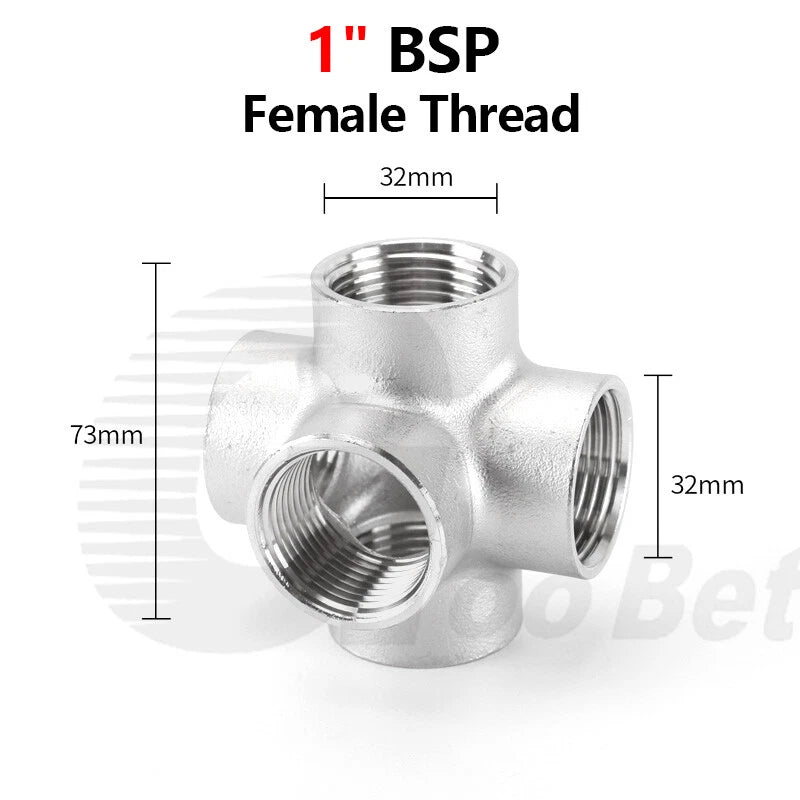 BSP Female 5-Way Pipe Fitting – Stainless Steel Elbow Connector Adapter, 1/4" to 2"